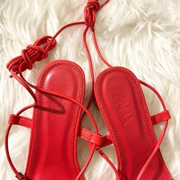ZARA RED LOW HEEL STRAPS SANDALS - Picture 6 of 9